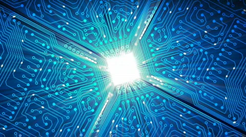 Data stream, transfer, communications. Abstract circuit board with chip. 库存影片 776863