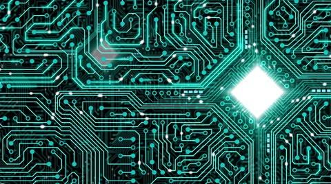 Data stream, transfer, communications. Abstract circuit board with chip. Video stock 62396526