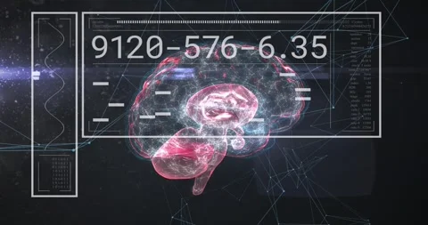 Data stream updating numeric readouts, 3D brain hologram rotating and pulsing Stock Footage 331227420