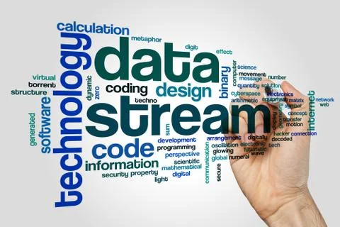 Data stream word cloud concept on grey background Foto stock