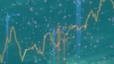 Data streaming into teal yellow line chart dipping rising marking arrows labels Stock Footage 313307258