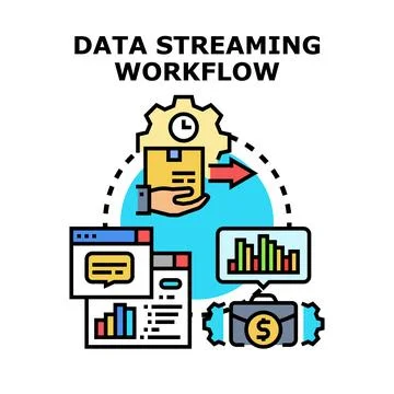 Data streaming workflow processing analytics and financial information Illustrazione stock