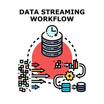 Data streaming workflow processing and analyzing information Stockillustratie