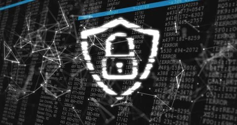 Data streams cascading over code plane, flickering shield with lock, blue line Stock Footage 310970342