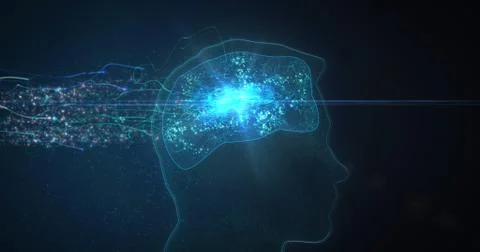 Data streams flow into a persons brain in profile view Stock Illustration