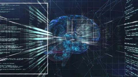 Data streams initiating scan, white scan frames shifting and probing 3D brain Stock Footage 334351833