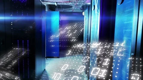 On data surge server corridor projecting binary overlay, digits flowing forward Stock Footage 332577571