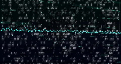 Data surge starting, teal node line rippling and absorbing binary digits showing Video stock 328577169