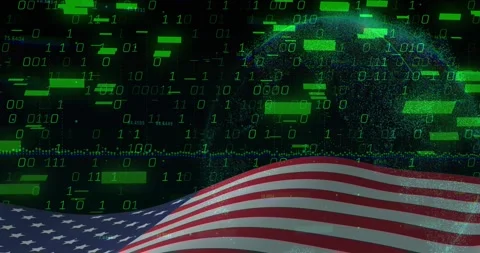 Data surge starting, US flag waving while globe emerging and bits raining Stock Footage 328224552