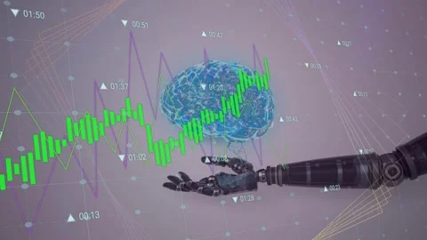 Data sweep causing robot arm reaching and cradling holo brain lines oscillating Stock Footage 335739844