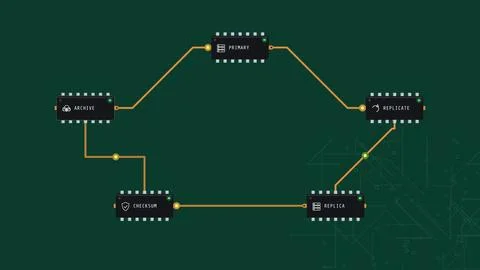 Data sync and replication between servers on a circuit board, workflow vect.. Stock Illustration