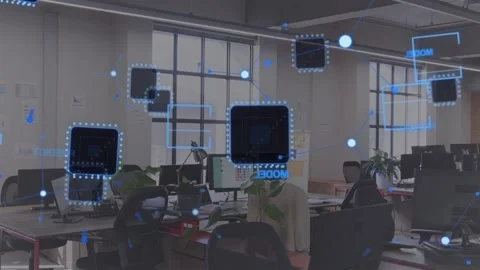 On data sync blue AR UI appearing over office, panels sliding, nodes pulsing to Stock Footage 333774937