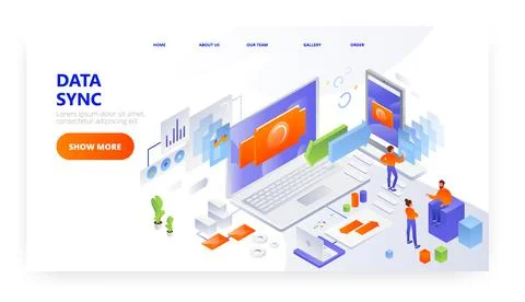 Data sync landing page design, website banner vector template. Data Stock Illustration