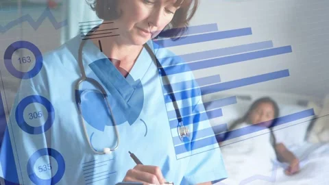 Data sync starting, nurse writing peds notes, translucent charts sliding over Stock Footage 332625522