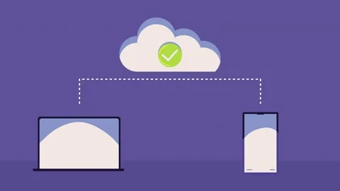 Data synchronization animation showing a secure cloud connection between a .. Video stock 334268394