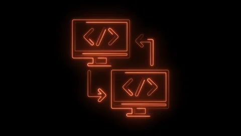 Data synchronization between computers code transfer with orange neon glow .. Video stock 309910211