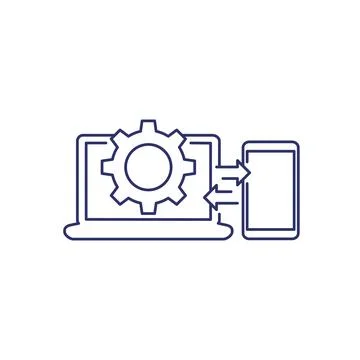 Data synchronization between laptop and smart phone line icon 스톡 일러스트