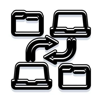 Data synchronization concept with folders and laptops 库存插图