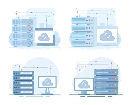 Data synchronization set featuring a laptop connected to a data server. イラスト素材