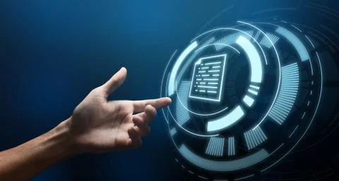 Data System And Document Management. Hand Touching Virtual Screen With Foto stock