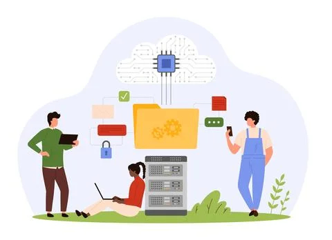 Data system infrastructure, cloud storage, tiny people download, transfer and イラスト素材