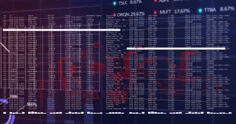 Data table being animated on dashboard, showing red 3D wireframe charts and Video stock 309109830