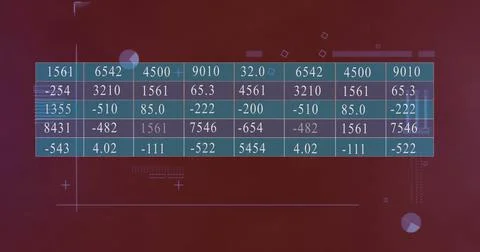 Data table with numerical values over red background with geometric shapes image Stockillustratie