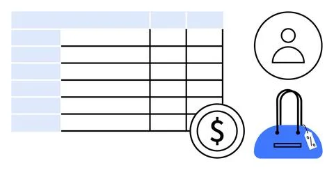 Data table, user icon, coin with dollar sign, handbag with tag. Ideal for fin Stock Illustration