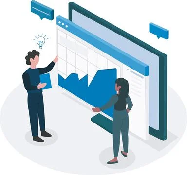 Data table vector examined by two female and male people. Stock Illustration