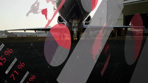 Data tables sliding to reveal jet nose, moving charts, gauges floating Video stock 309808069