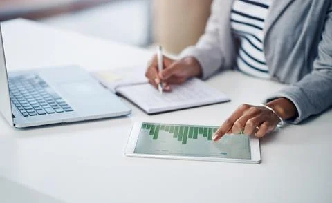 Data, tablet and accountant working on graph results or planning company finance Stock Photos