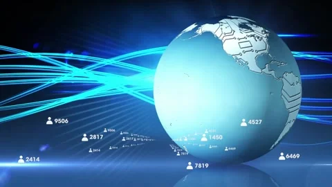 Data tech showing globe rotating while ribbons sparking counters and avatars Stock Footage 330330923