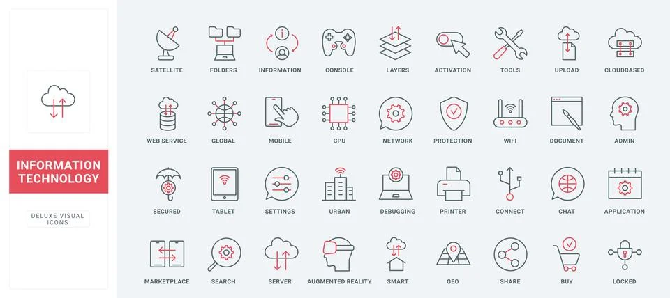 Data technology thin black and red line icons set, digital connection, network Stock Illustration