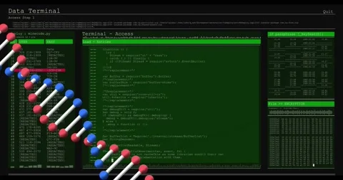 Data Terminal appearing, editor filling with code and scrolling, DNA helix Stock Footage 329505247