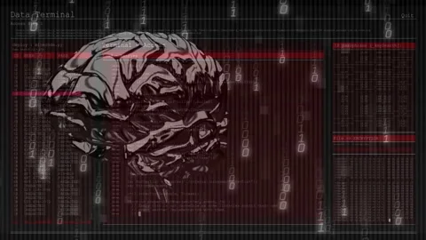 Data terminal fading in starting brain rotating while binary streams falling Stock Footage 313240201