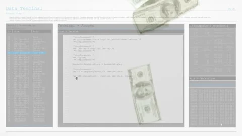 Data Terminal fading into view, central editor filling, dollar bills falling, Stock Footage 329453425