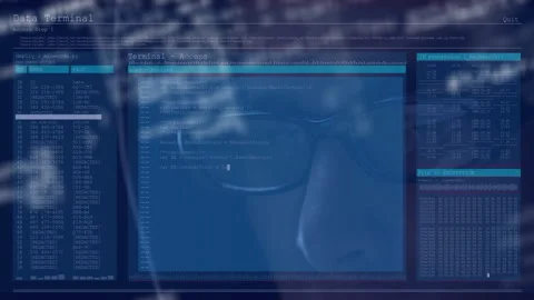 Data terminal overlay appearing and engineer running milisec10 Stock Footage 310150802