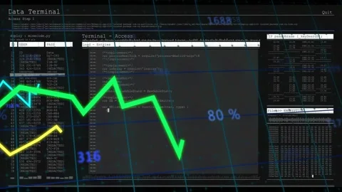 Data Terminal reveal showing central UI updating panels, logs flowing, graphs Video stock 329946524