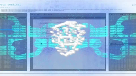Data Terminal showing code streams converging network morphing into shield Stock Footage 317608031