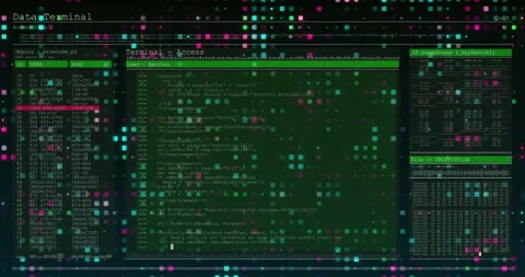 Data Terminal text starting neon grid splitting, revealing terminal panel Stock Footage 311141447
