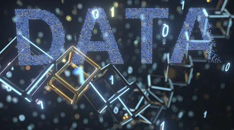 DATA text and cubic chain with binary numbers. Blockchain concept, 3D rendering Stock Illustration