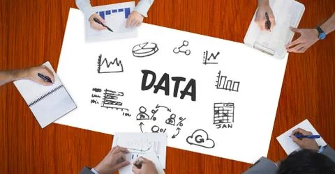 Data text by icons and hands of business people 스톡 사진