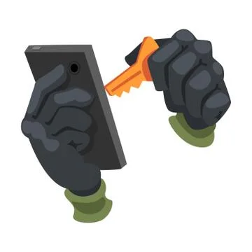 Data Theft. Hacker Wearing Gloves Breaking into Smartphone Vector Illustration Stockillustratie