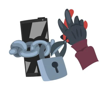 Data Theft. Hacker Wearing Gloves Breaking into Smartphone Vector Illustration Stockillustratie