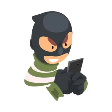 Data Theft. Hacker Wearing Mask Breaking into Smartphone Vector Illustration Stockillustratie