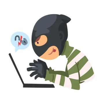Data Theft. Hacker Wearing Mask Breaking into Laptop Vector Illustration Stockillustratie