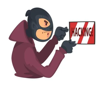 Data Theft. Hacker Wearing Mask Breaking into Electronic Device Vector Stockillustratie