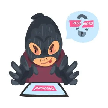 Data Theft. Hacker Wearing Mask Breaking into Electronic Device Vector Stockillustratie