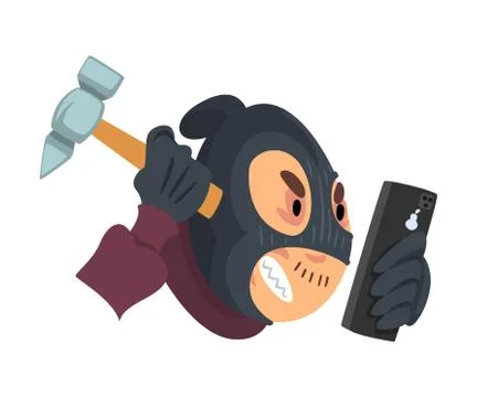 Data Theft. Hacker Wearing Mask Breaking into Smartphone Vector Illustration Stockillustratie