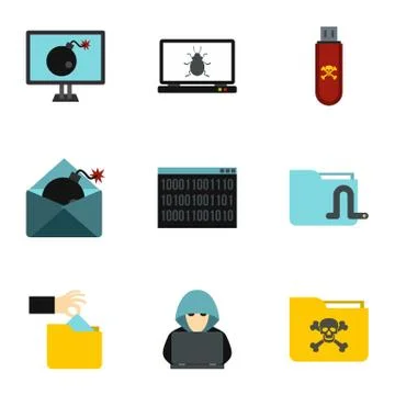 Data theft icons set, flat style Stock Illustration